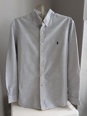 Ralph Lauren Men's White Button-Down Shirt with Black Grid Size XL